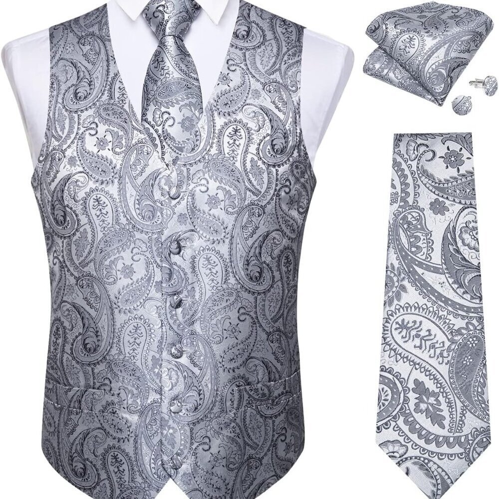 Silver Paisley Large Silk Waistcoat - Perfect for Weddings & Special Events